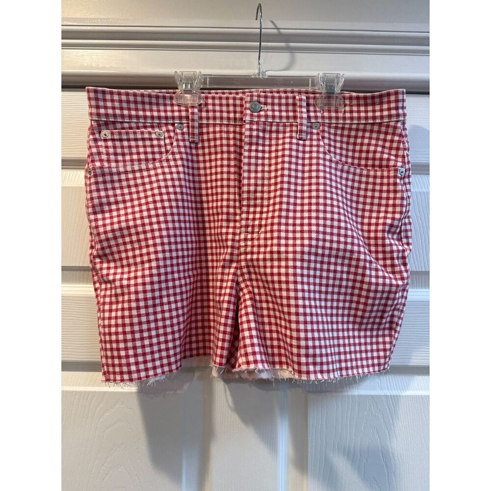 Madewell The Perfect Vintage Jean Gingham Raw Hem Shorts Red White Womens 32